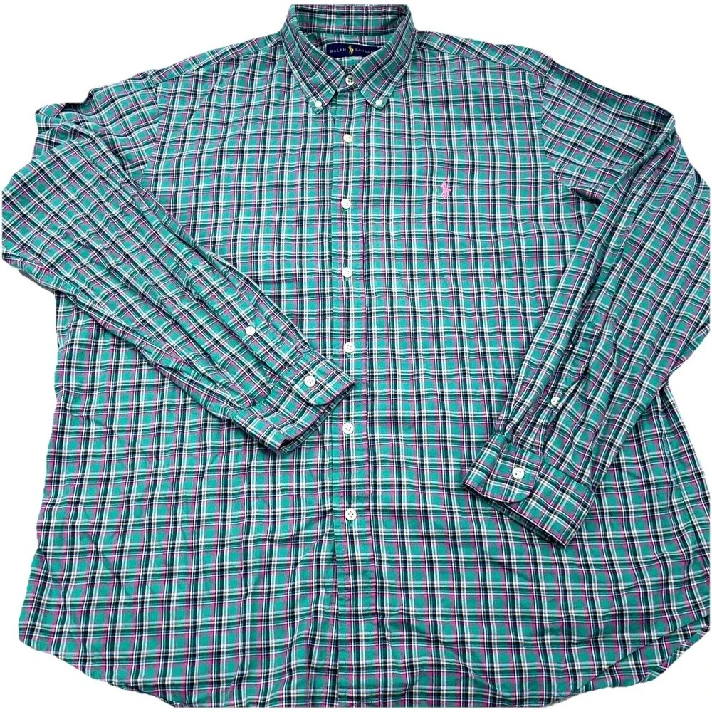 Ralph Lauren Shirt Men XL Green Pink Button Up Oxford Cloth Plaid Dress OCBD A87 - Picture 2 of 9